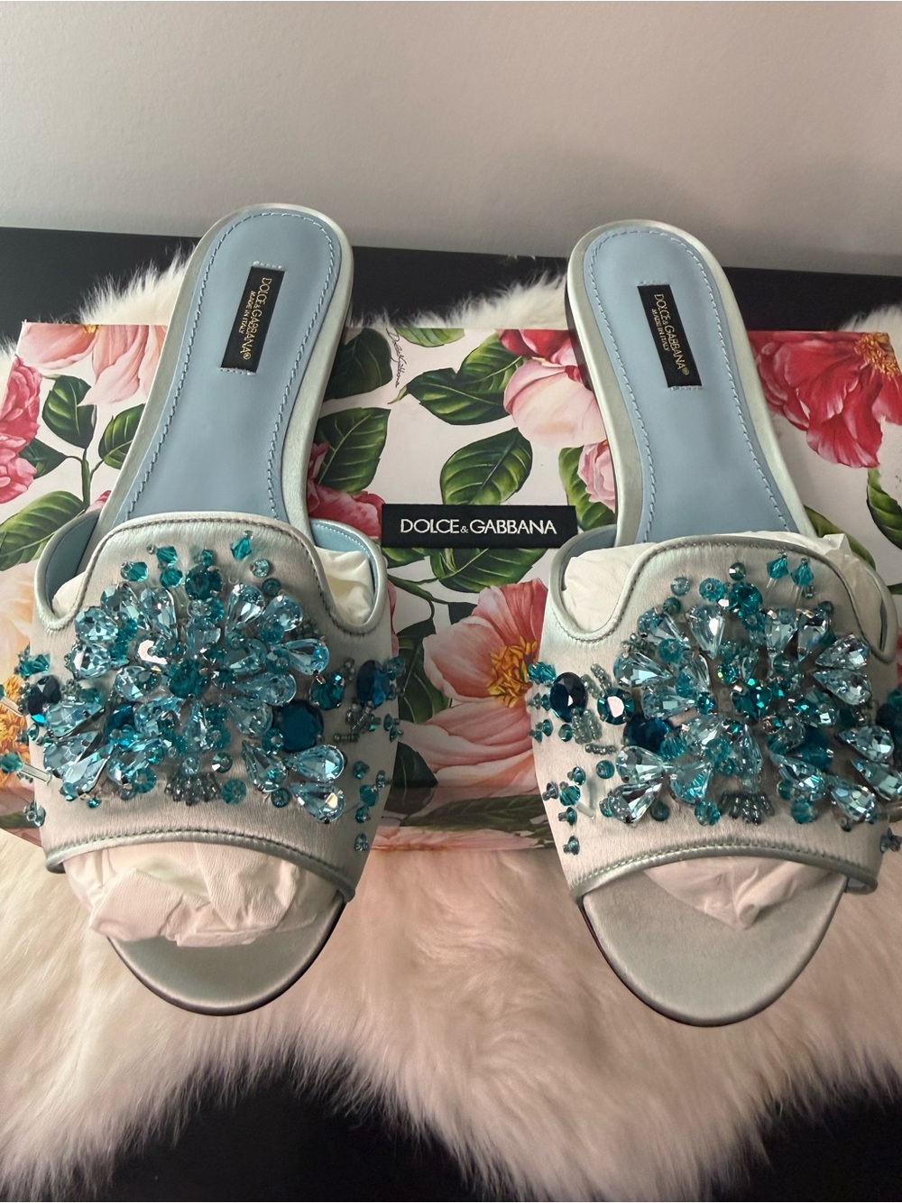 Dolce & Gabbana Light Blue Crystal-Embellished Slide Mules